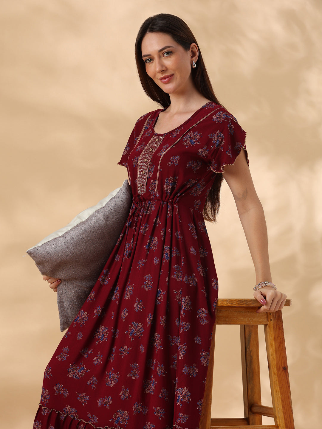 Blossom Maroon Alpine Designer Nighty for Women Relaxed Frock Style