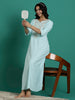 Fresh Aqua Blue Alpine Embroidered Nighty for Women with Pocket