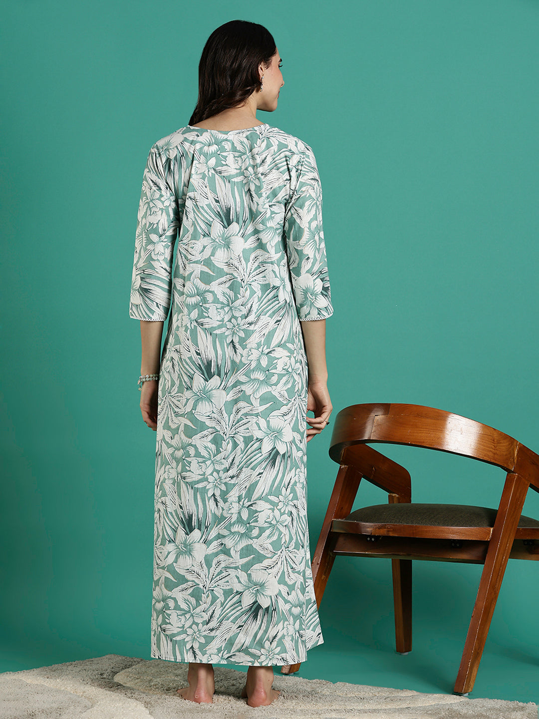 Green Pure Embroidered Cotton Nighty with 3/4 Sleeve