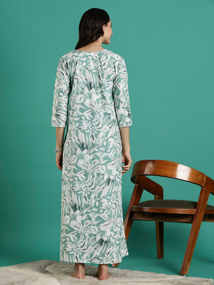 Green Pure Embroidered Cotton Nighty with 3/4 Sleeve