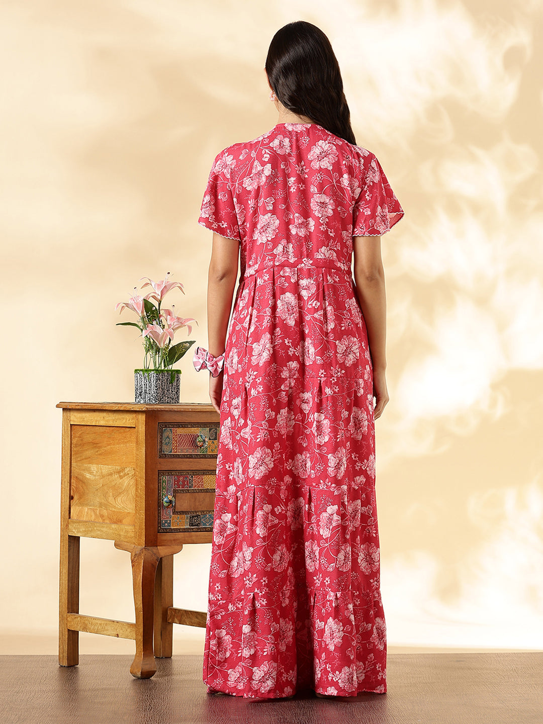 Salmon Red Floral Alpine Nighty for Women with Pocket