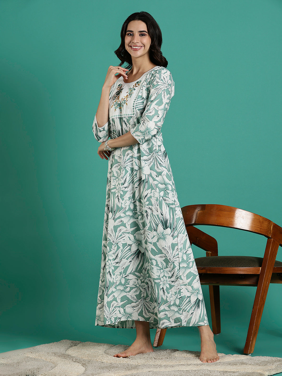 Green Pure Embroidered Cotton Nighty with 3/4 Sleeve