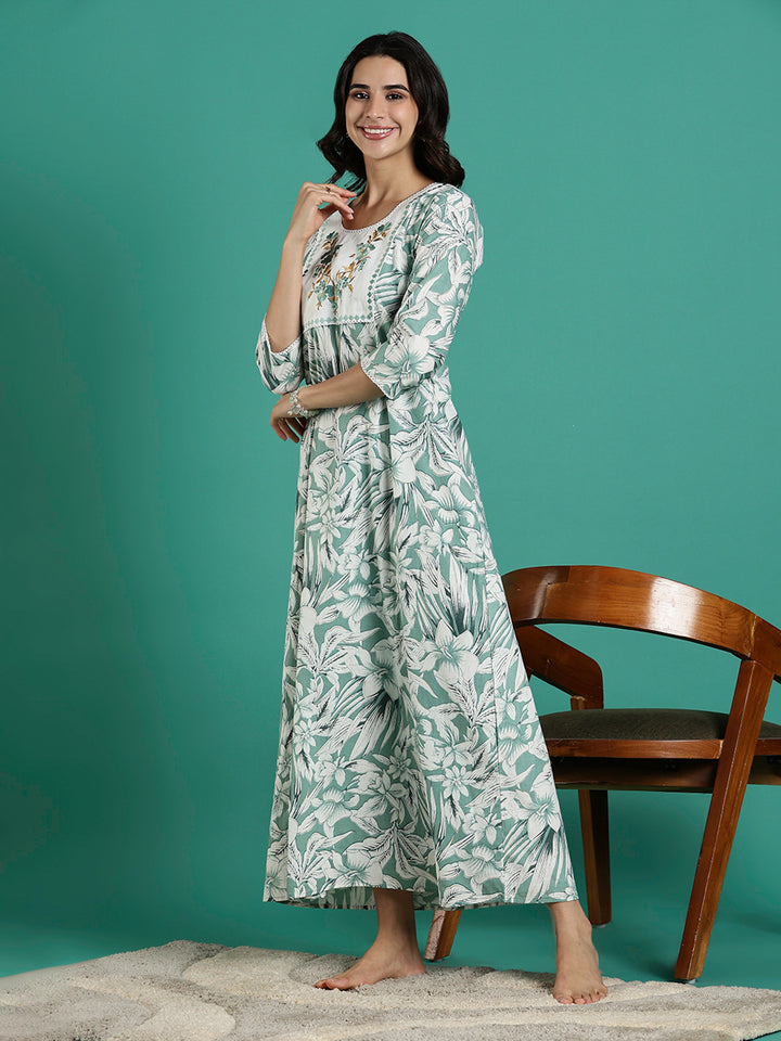 Green Pure Embroidered Cotton Nighty with 3/4 Sleeve