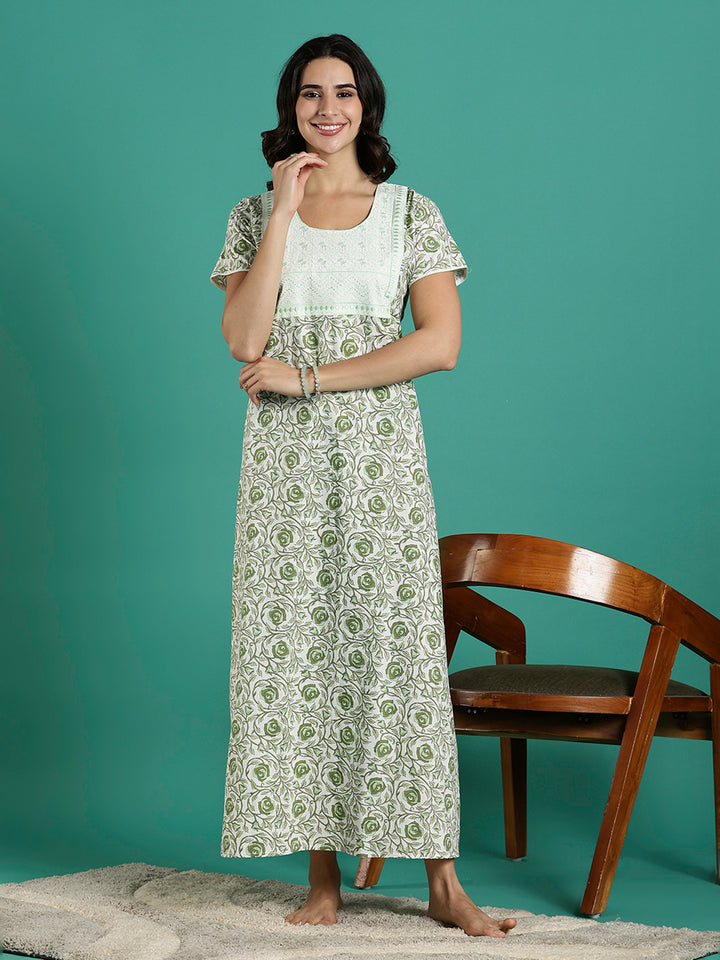 Rose Print Pure Cotton Nighty for Women with Embroidery Patch