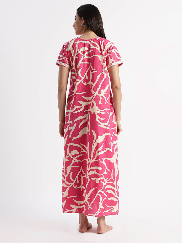 Pure Cotton Leaf Print Designer Nighty for Women Flamingo Bloom