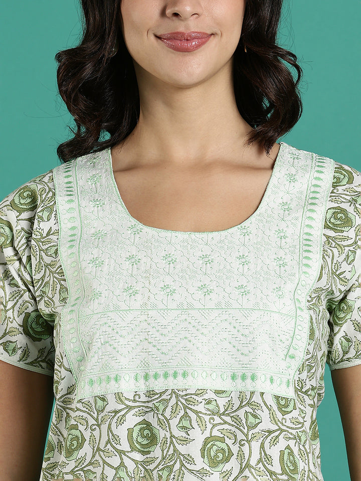 Rose Print Pure Cotton Nighty for Women with Embroidery Patch