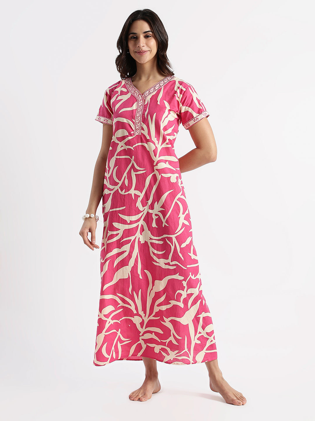 Pure Cotton Leaf Print Designer Nighty for Women Flamingo Bloom