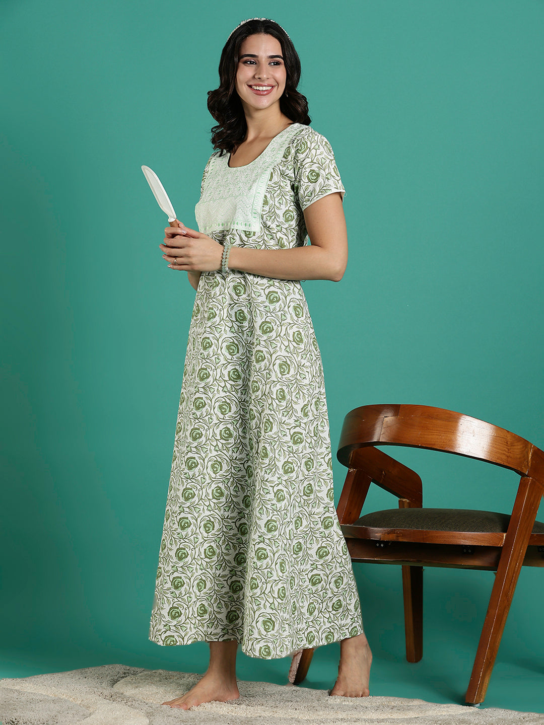 Rose Print Pure Cotton Nighty for Women with Embroidery Patch