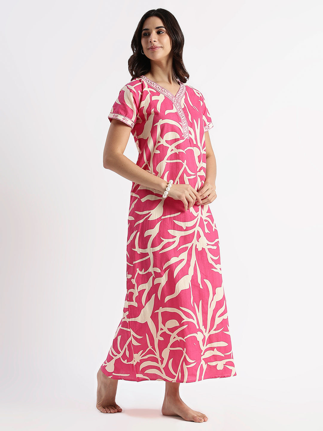 Pure Cotton Leaf Print Designer Nighty for Women Flamingo Bloom