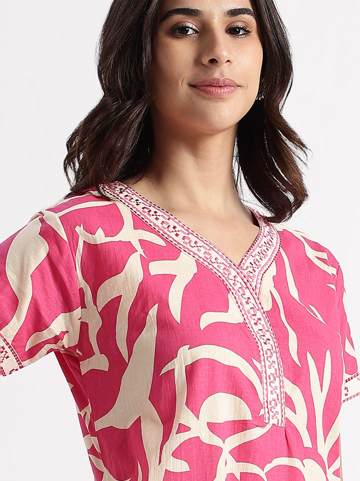 Pure Cotton Leaf Print Designer Nighty for Women Flamingo Bloom