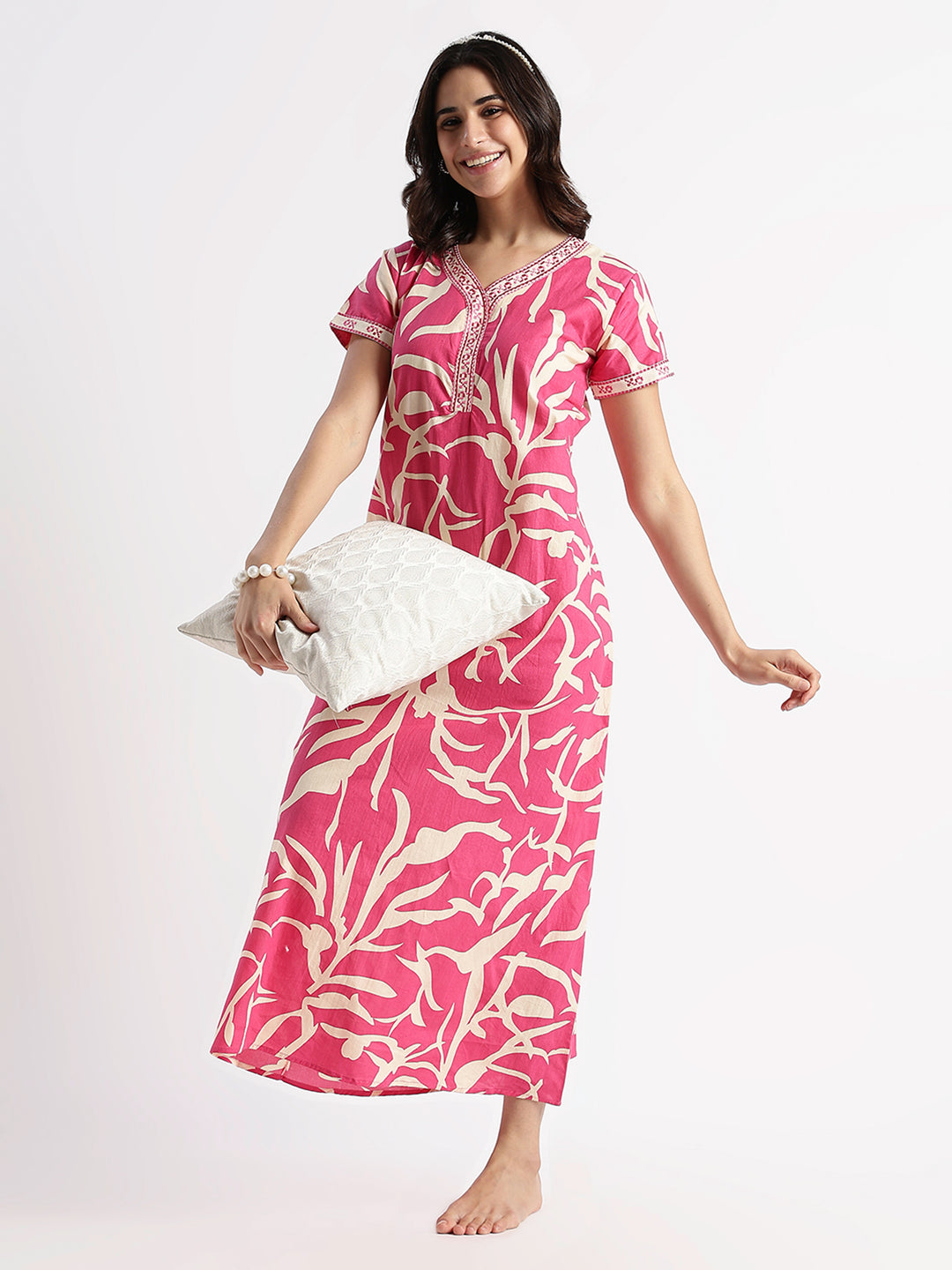 Pure Cotton Leaf Print Designer Nighty for Women Flamingo Bloom