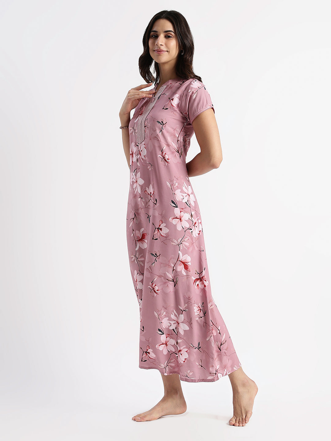 Dusty Rose Rayon Designer Nighty for Women with Floral Print