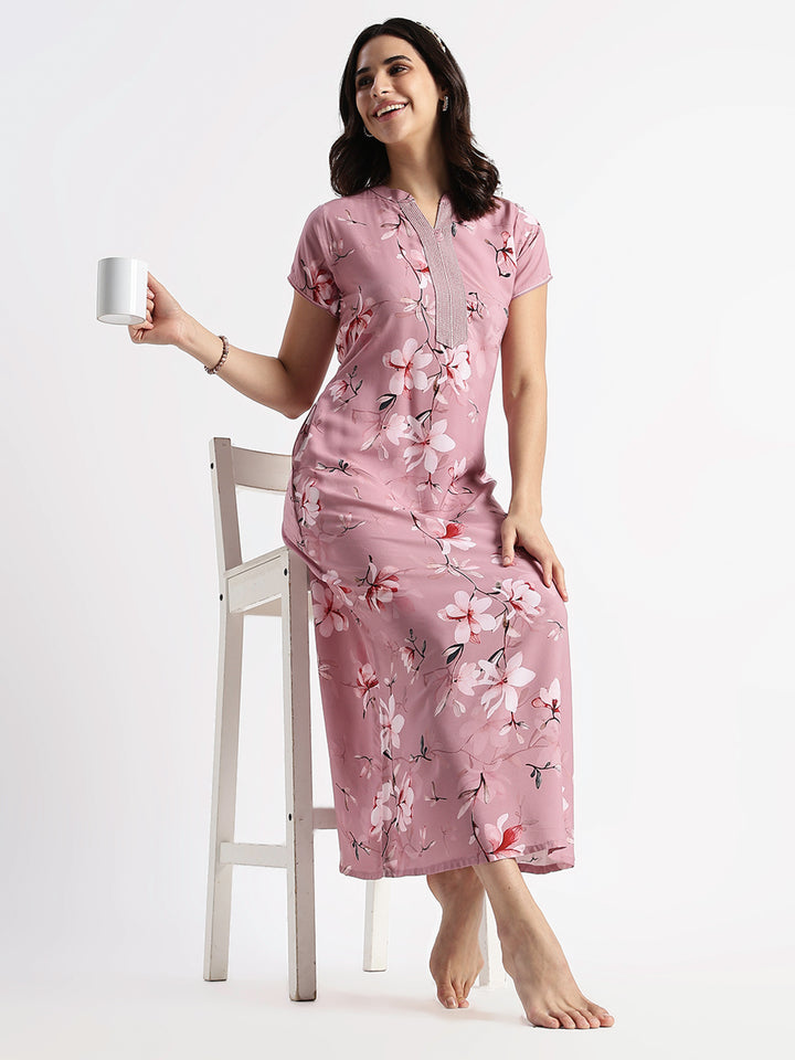 Dusty Rose Rayon Designer Nighty for Women with Floral Print