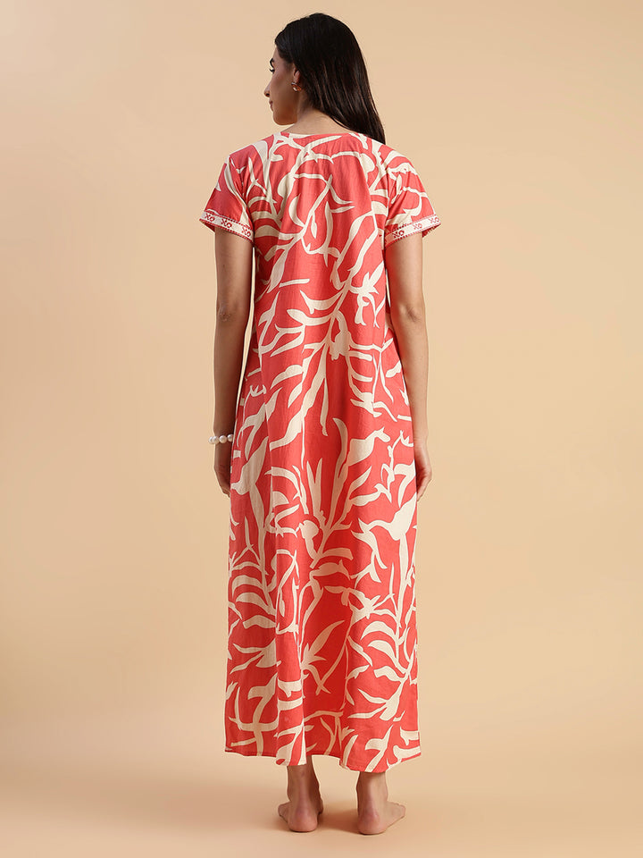 Pure Cotton Leaf Print Designer Nighty for Women Sunset Ember