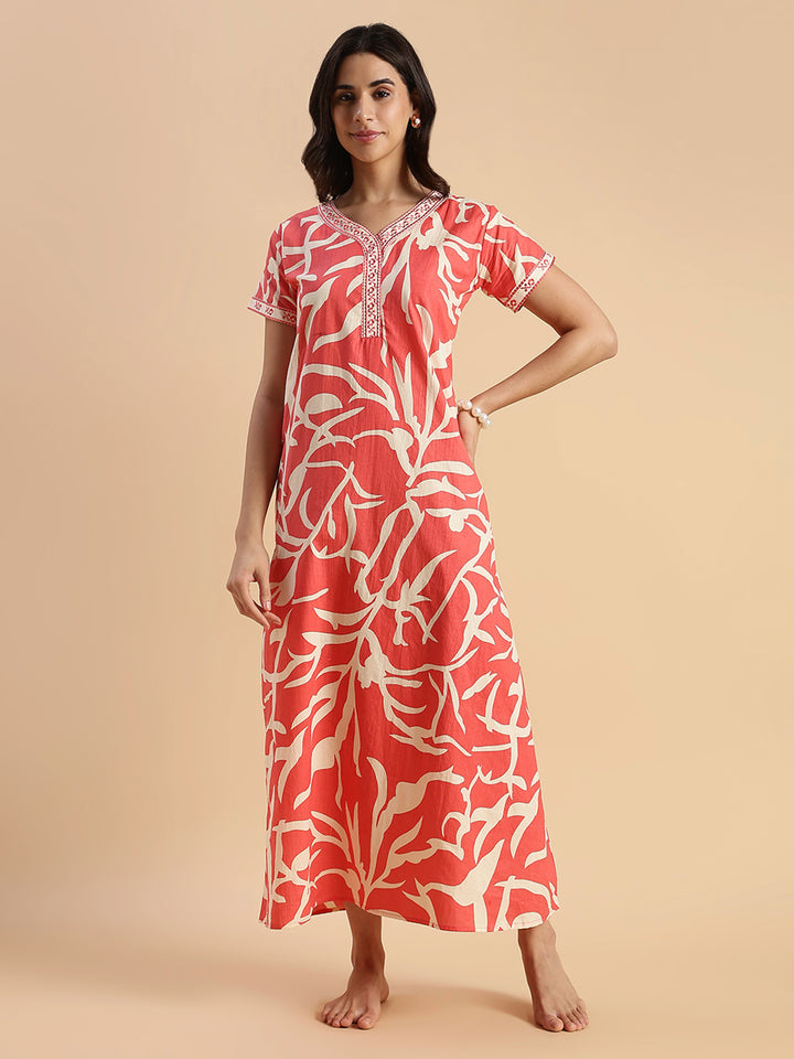 Pure Cotton Leaf Print Designer Nighty for Women Sunset Ember