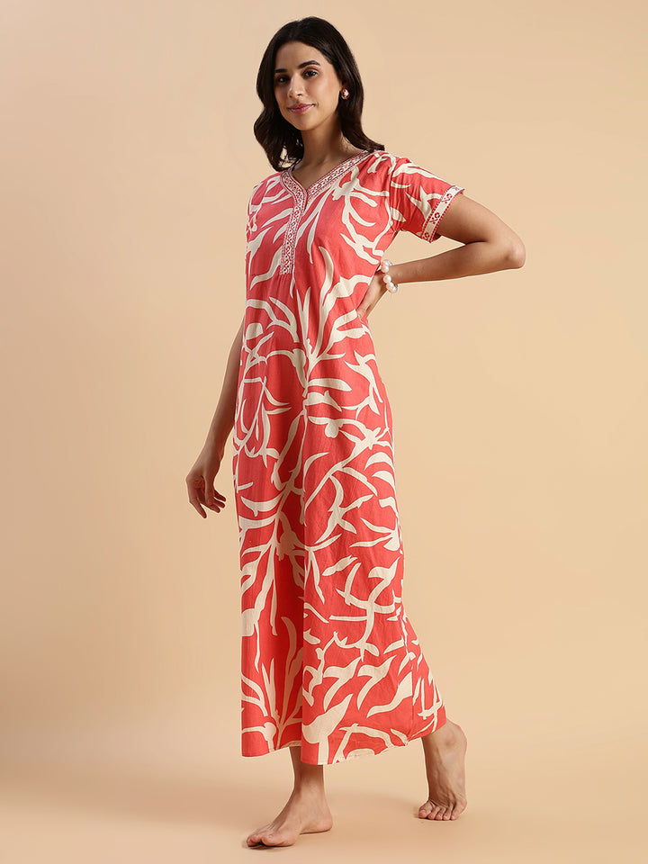 Pure Cotton Leaf Print Designer Nighty for Women Sunset Ember