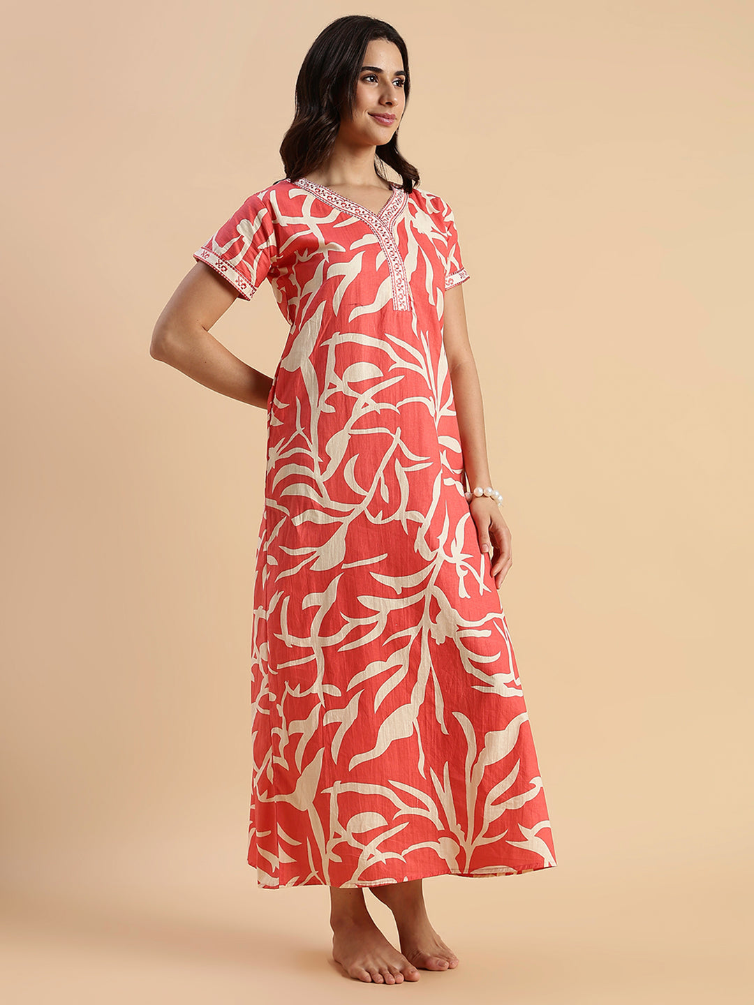 Pure Cotton Leaf Print Designer Nighty for Women Sunset Ember