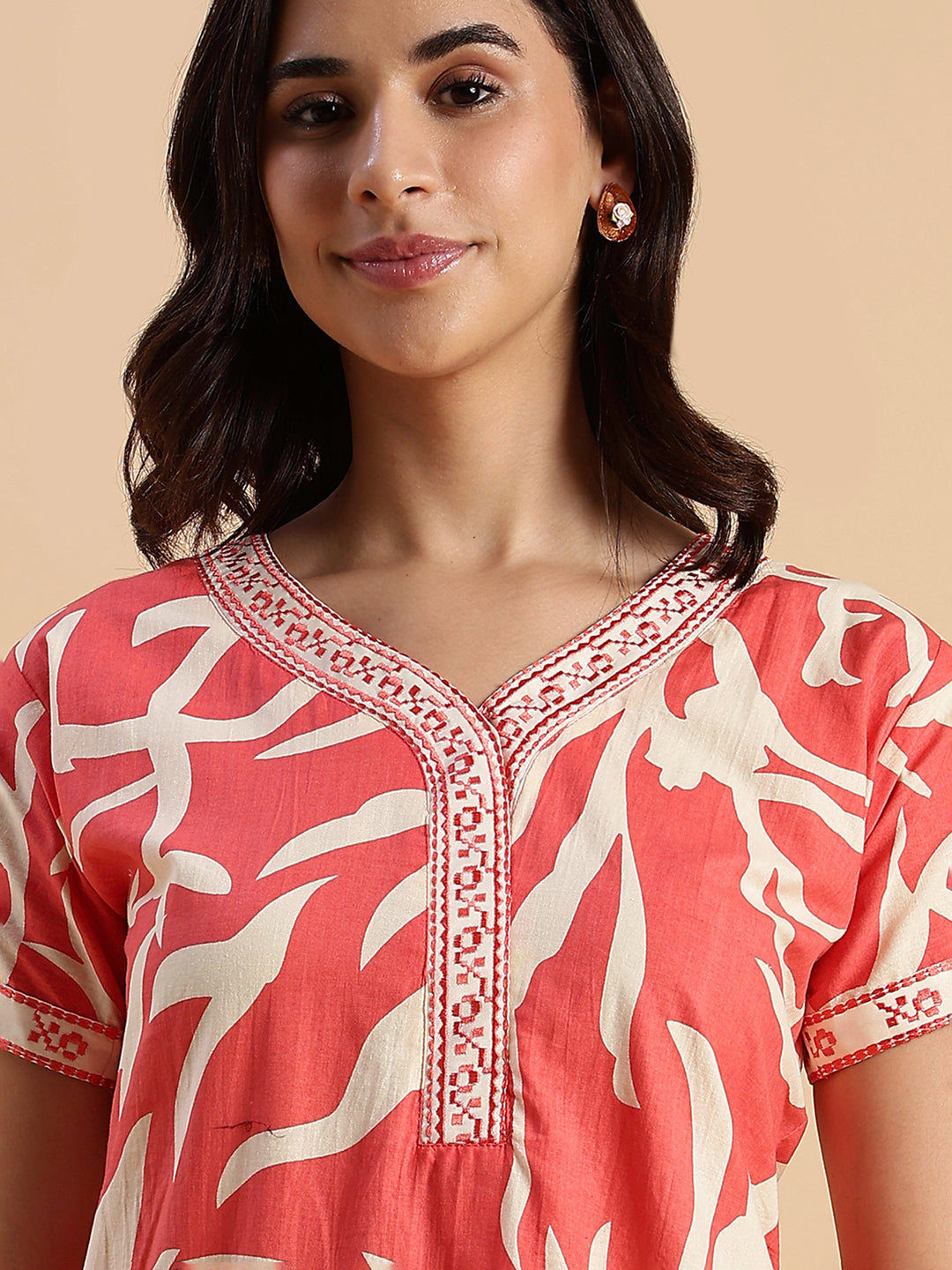 Pure Cotton Leaf Print Designer Nighty for Women Sunset Ember