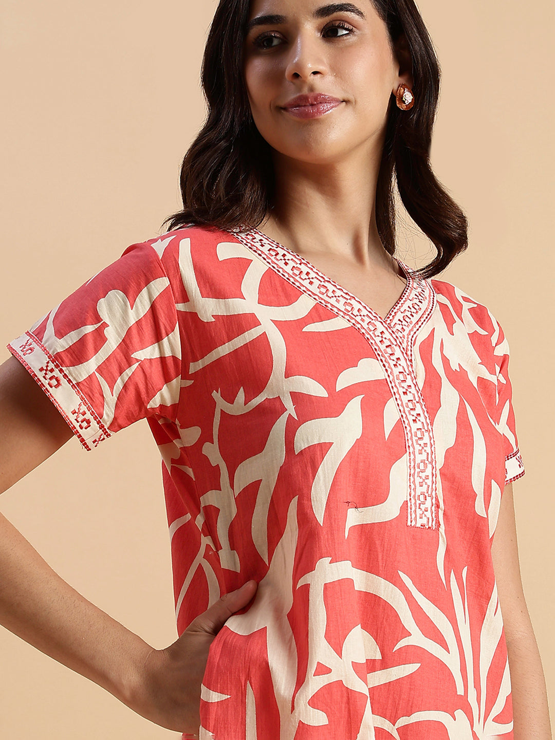 Pure Cotton Leaf Print Designer Nighty for Women Sunset Ember