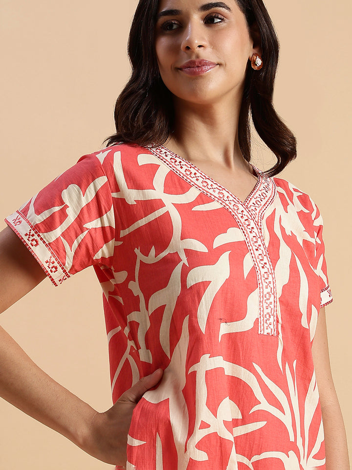 Pure Cotton Leaf Print Designer Nighty for Women Sunset Ember