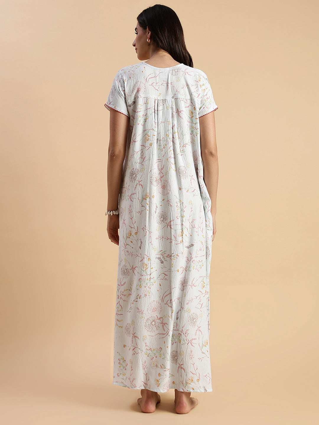 Premium Crush Cotton Pastel Blue Floral Nighty with Lace Yoke