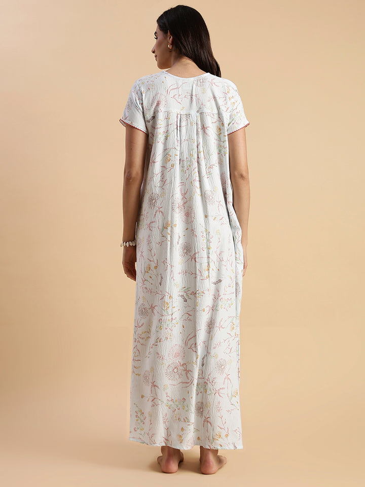 Premium Crush Cotton Pastel Blue Floral Nighty with Lace Yoke