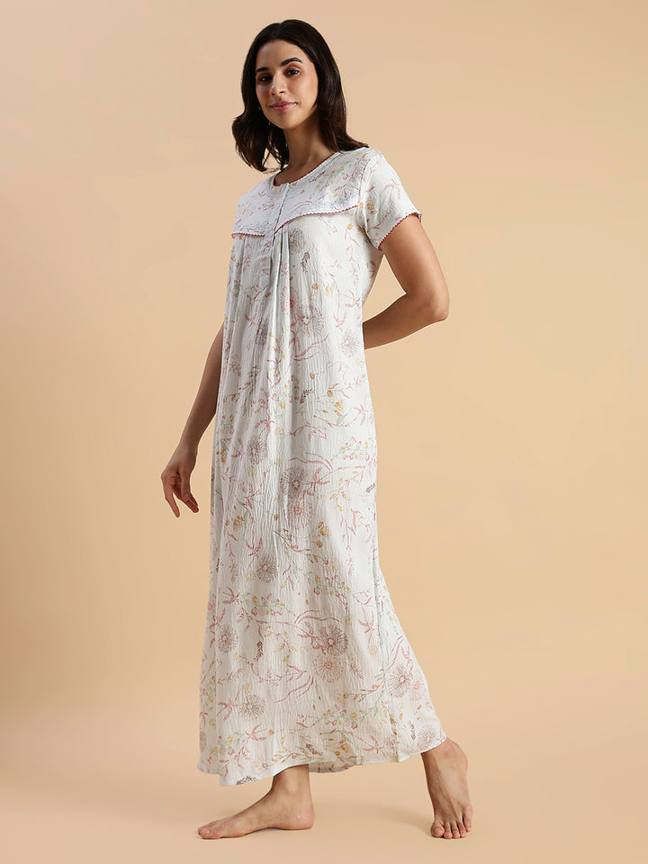 Premium Crush Cotton Pastel Blue Floral Nighty with Lace Yoke