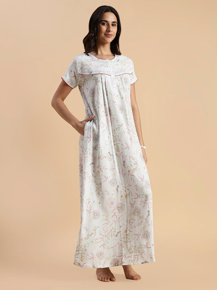 Premium Crush Cotton Pastel Blue Floral Nighty with Lace Yoke