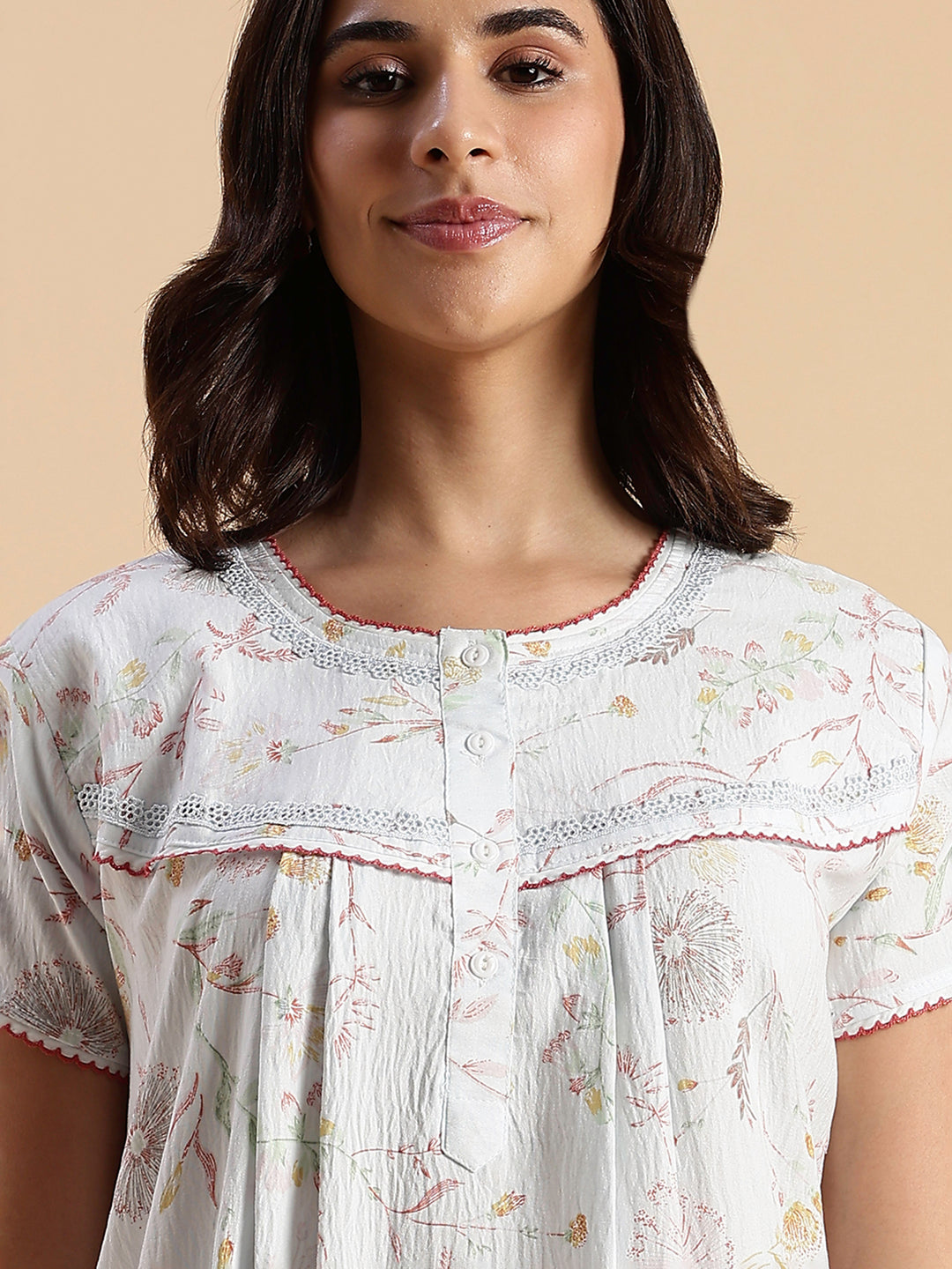 Premium Crush Cotton Pastel Blue Floral Nighty with Lace Yoke