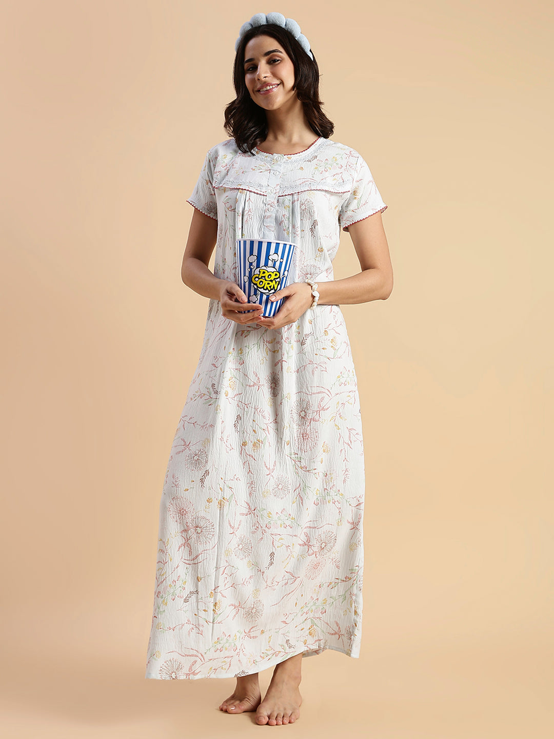 Premium Crush Cotton Pastel Blue Floral Nighty with Lace Yoke