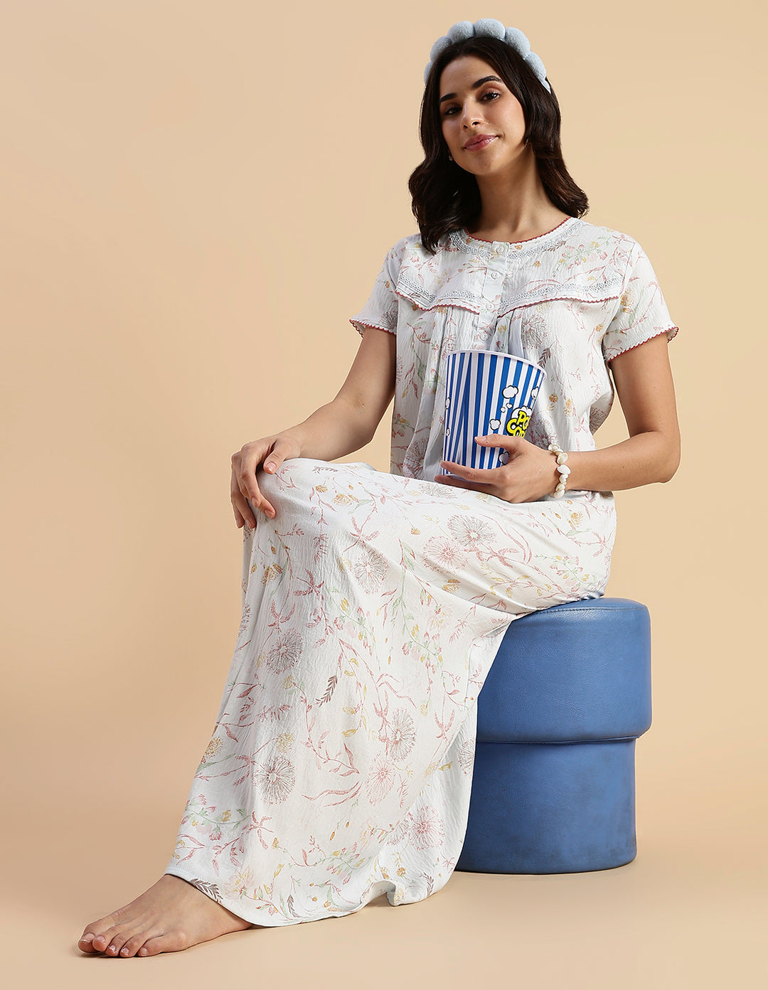 Premium Crush Cotton Pastel Blue Floral Nighty with Lace Yoke