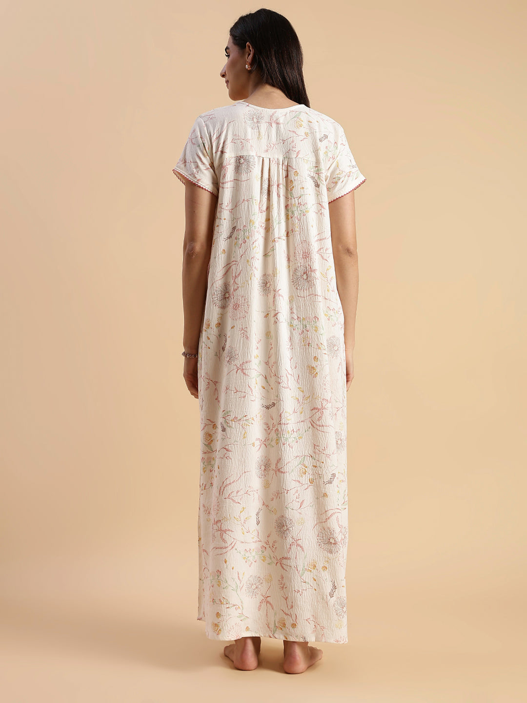 Soft Pastel Peach Crush Cotton Nighty with Floral Lace Yoke