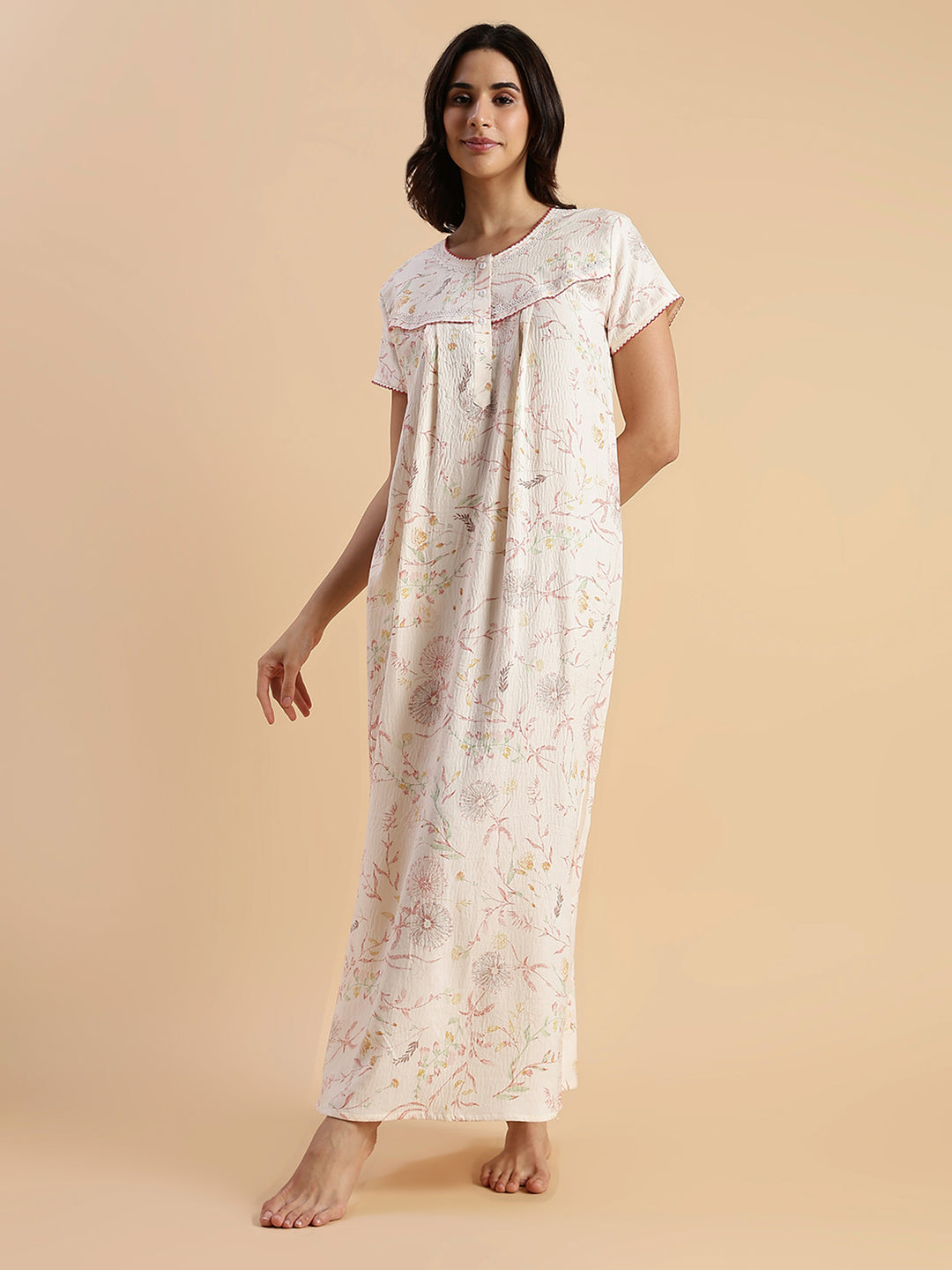 Soft Pastel Peach Crush Cotton Nighty with Floral Lace Yoke