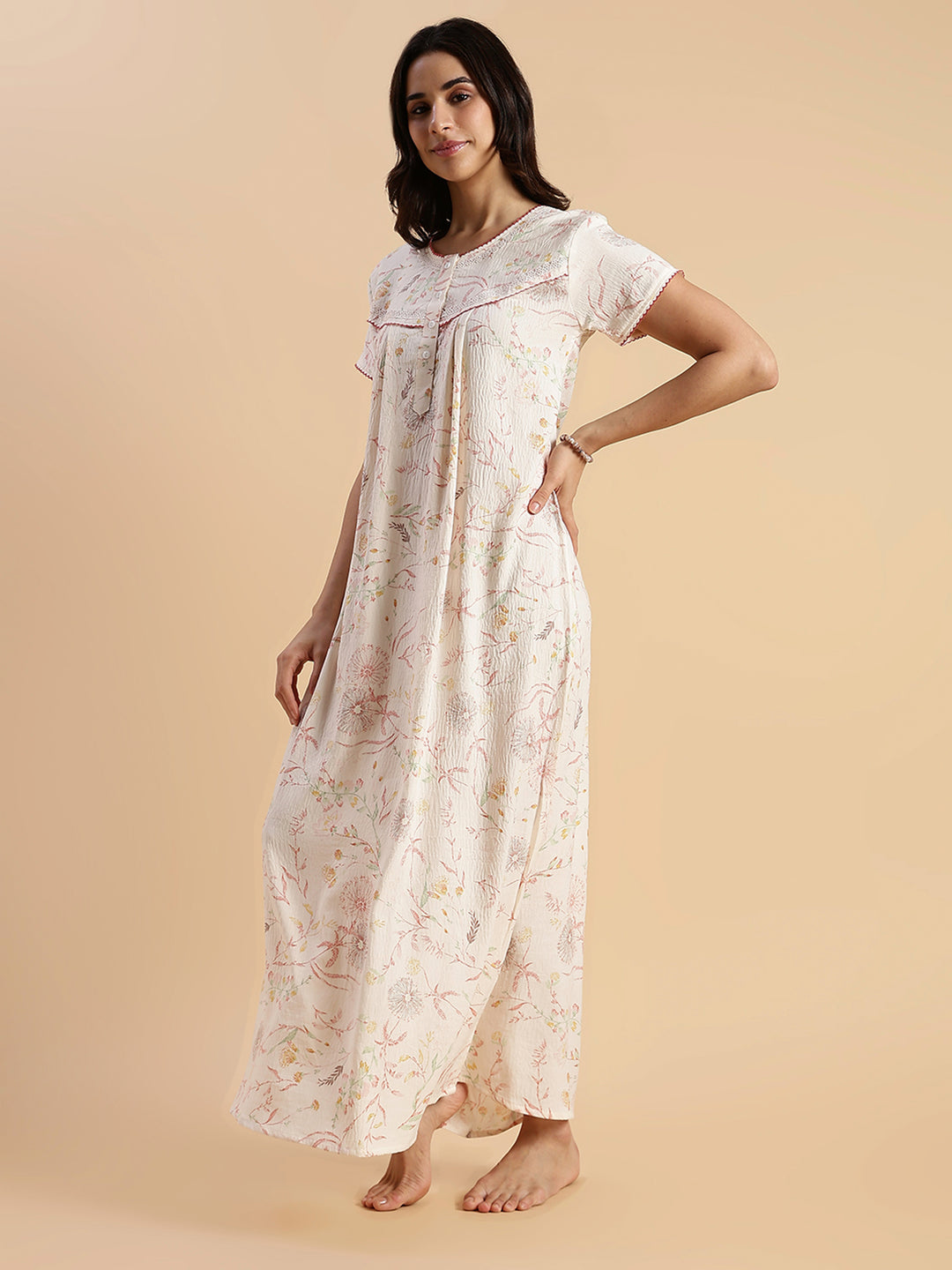 Soft Pastel Peach Crush Cotton Nighty with Floral Lace Yoke