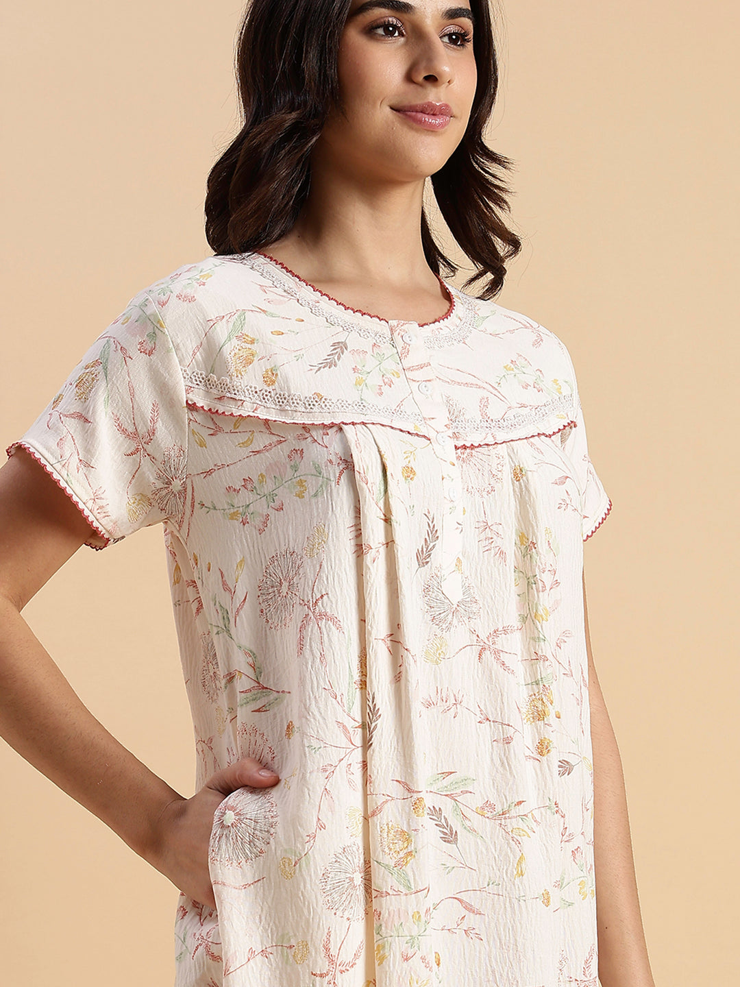Soft Pastel Peach Crush Cotton Nighty with Floral Lace Yoke