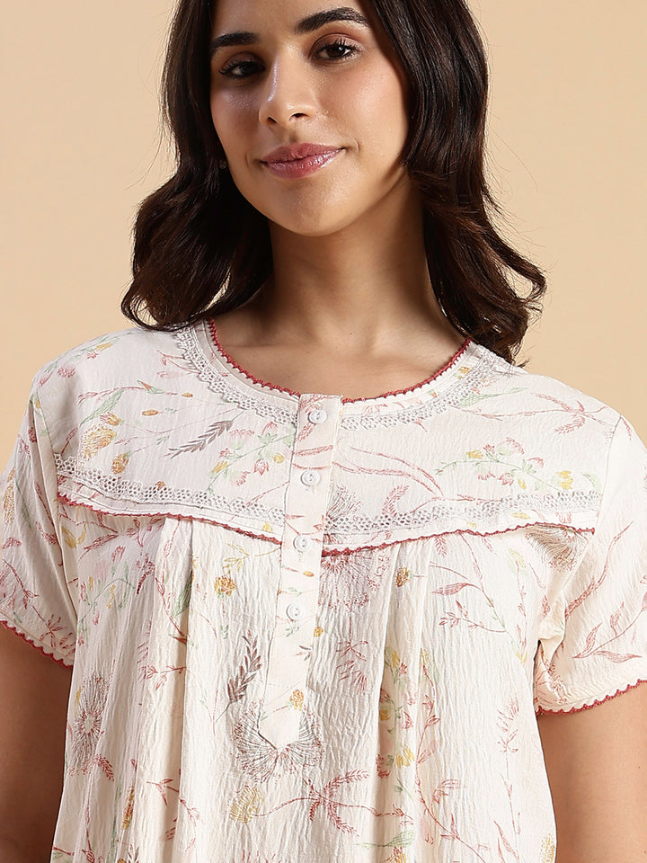 Soft Pastel Peach Crush Cotton Nighty with Floral Lace Yoke
