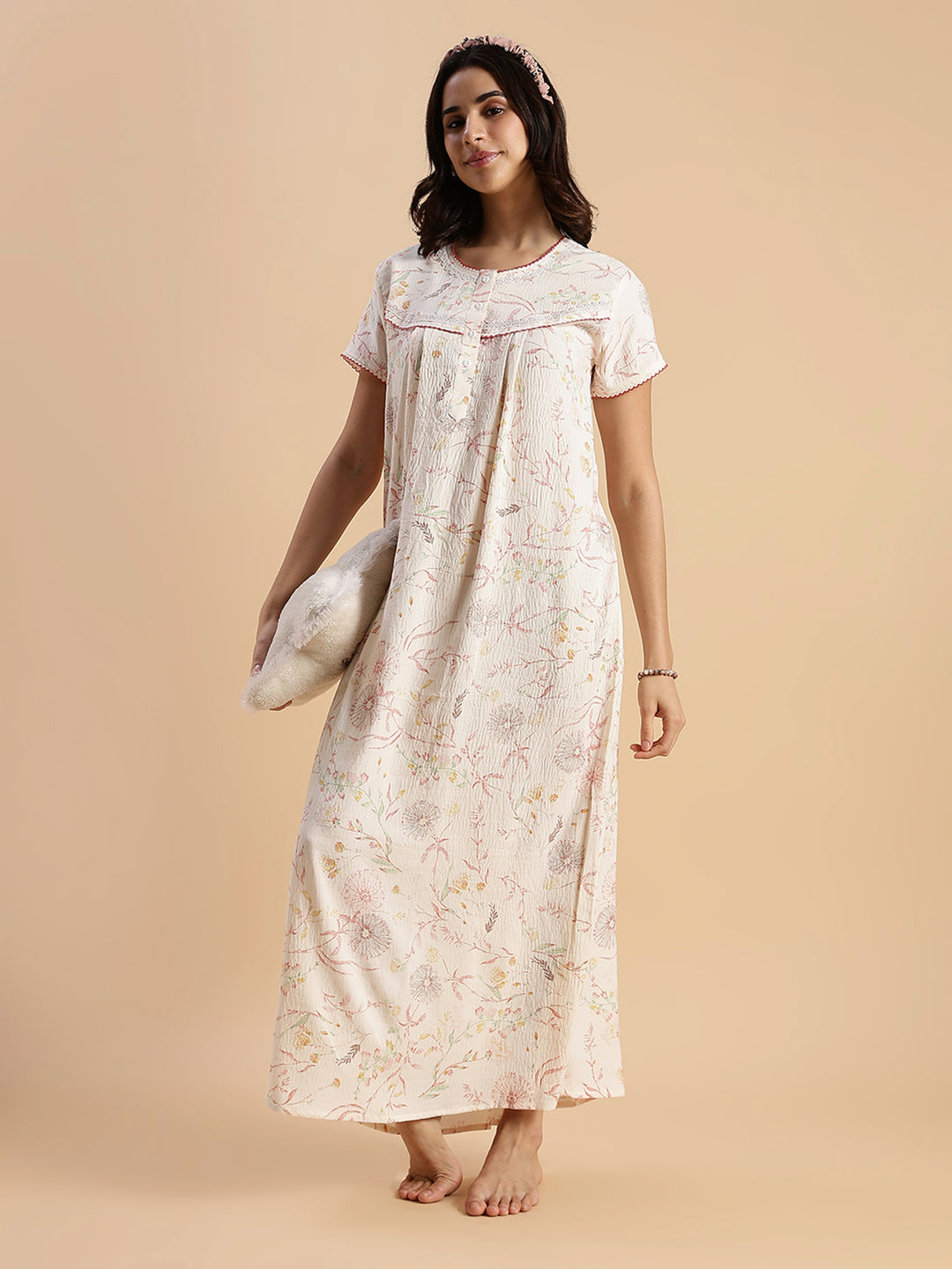 Soft Pastel Peach Crush Cotton Nighty with Floral Lace Yoke