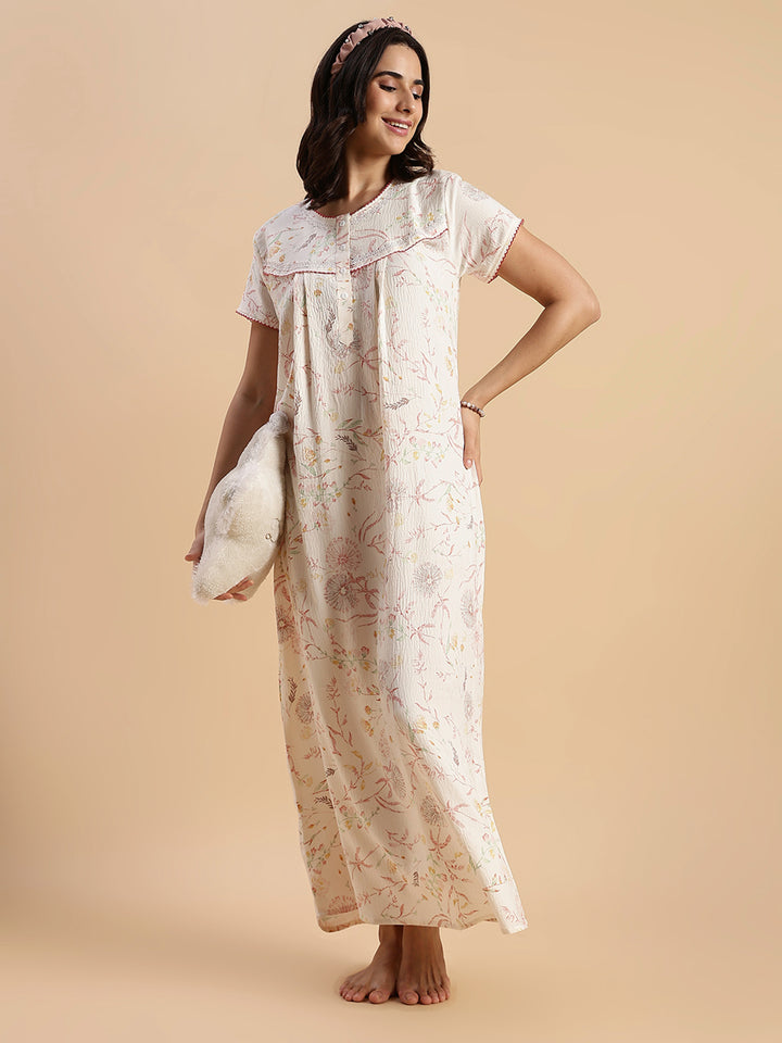 Soft Pastel Peach Crush Cotton Nighty with Floral Lace Yoke