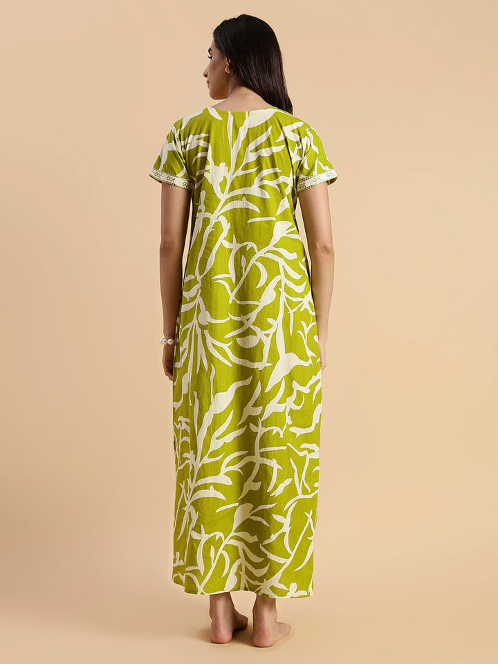 Pure Cotton Leaf Print Designer Nighty for Women Olive Meadow