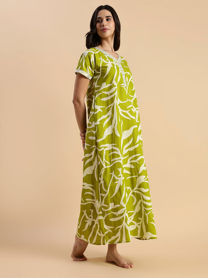 Pure Cotton Leaf Print Designer Nighty for Women Olive Meadow