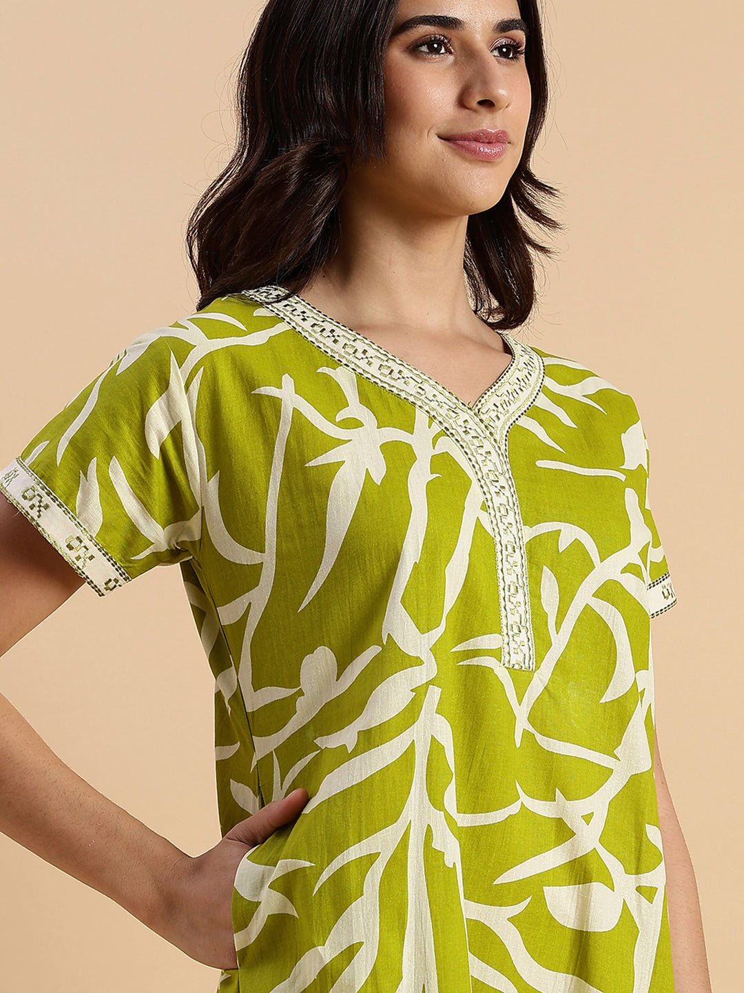 Pure Cotton Leaf Print Designer Nighty for Women Olive Meadow