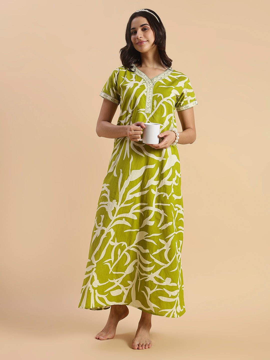 Pure Cotton Leaf Print Designer Nighty for Women Olive Meadow