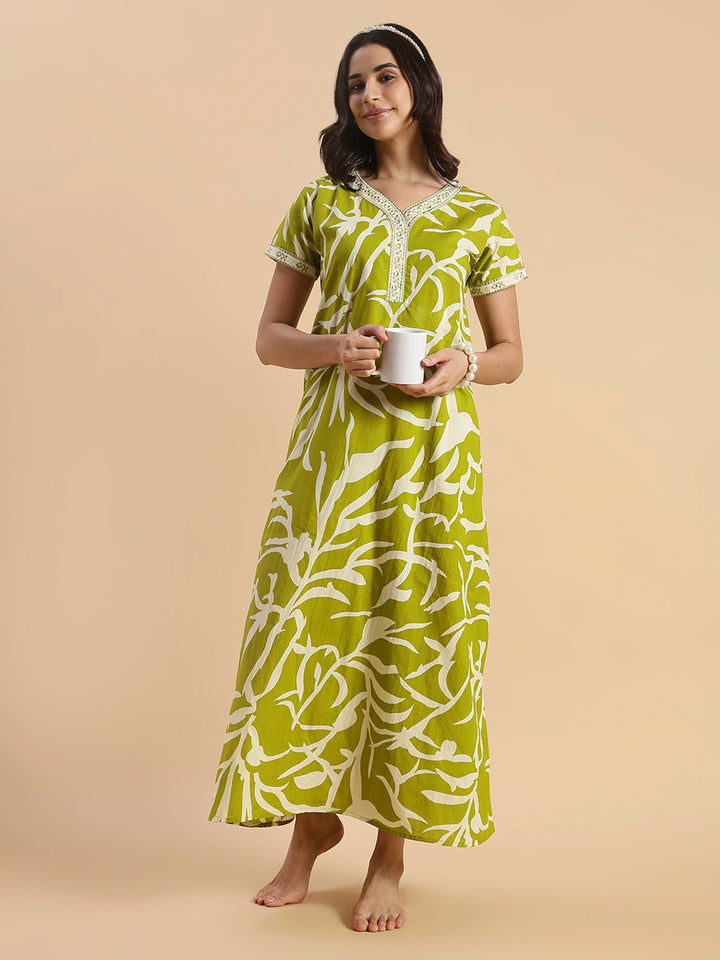 Pure Cotton Leaf Print Designer Nighty for Women Olive Meadow