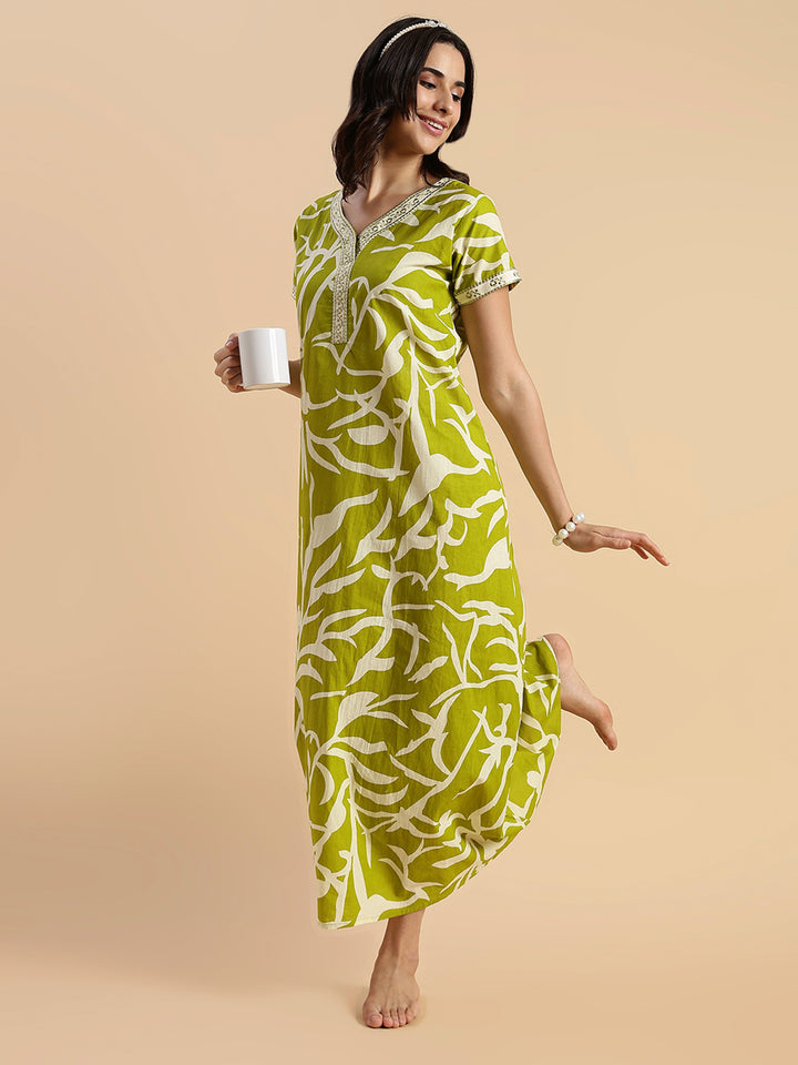 Pure Cotton Leaf Print Designer Nighty for Women Olive Meadow