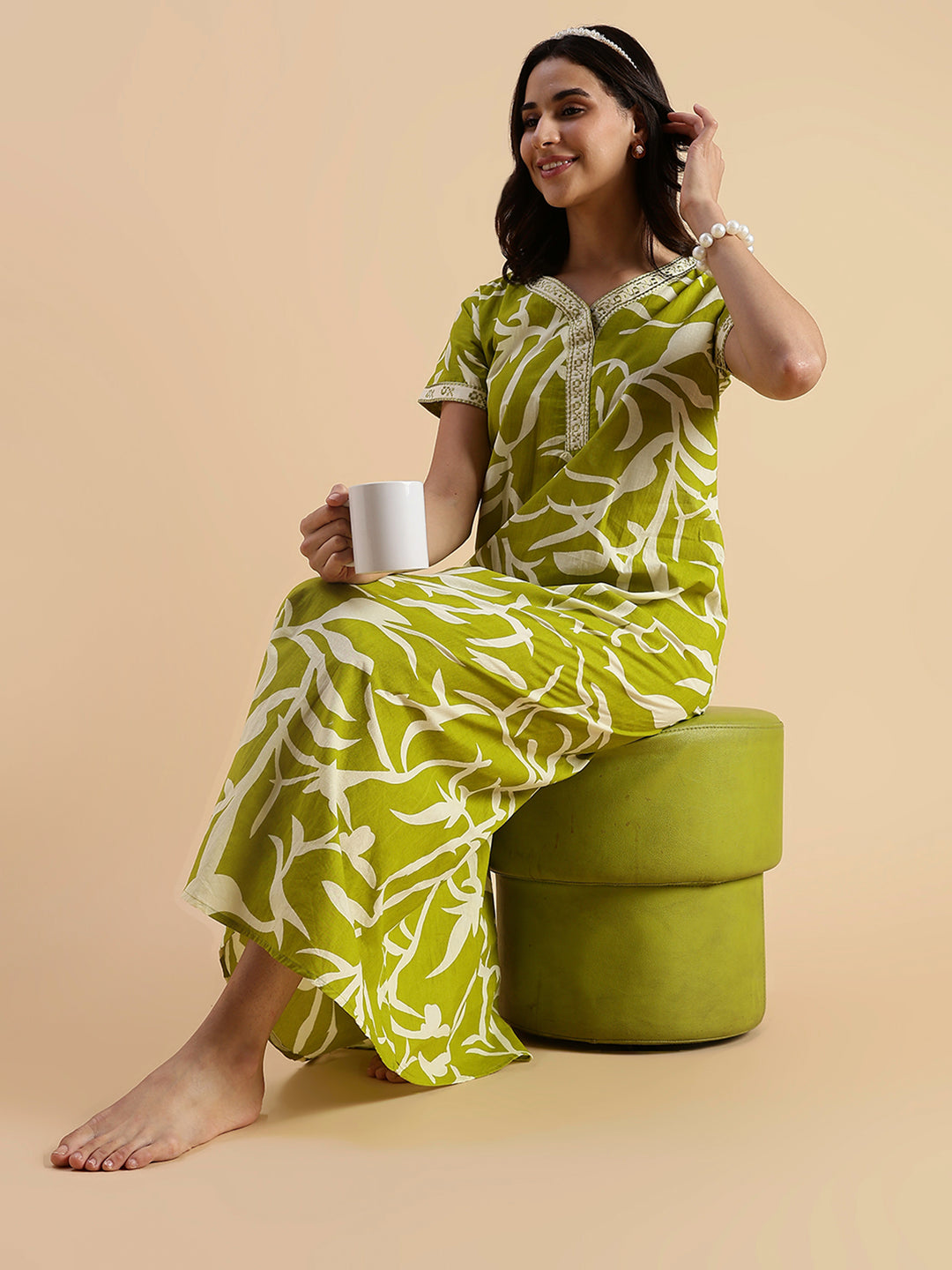 Pure Cotton Leaf Print Designer Nighty for Women Olive Meadow