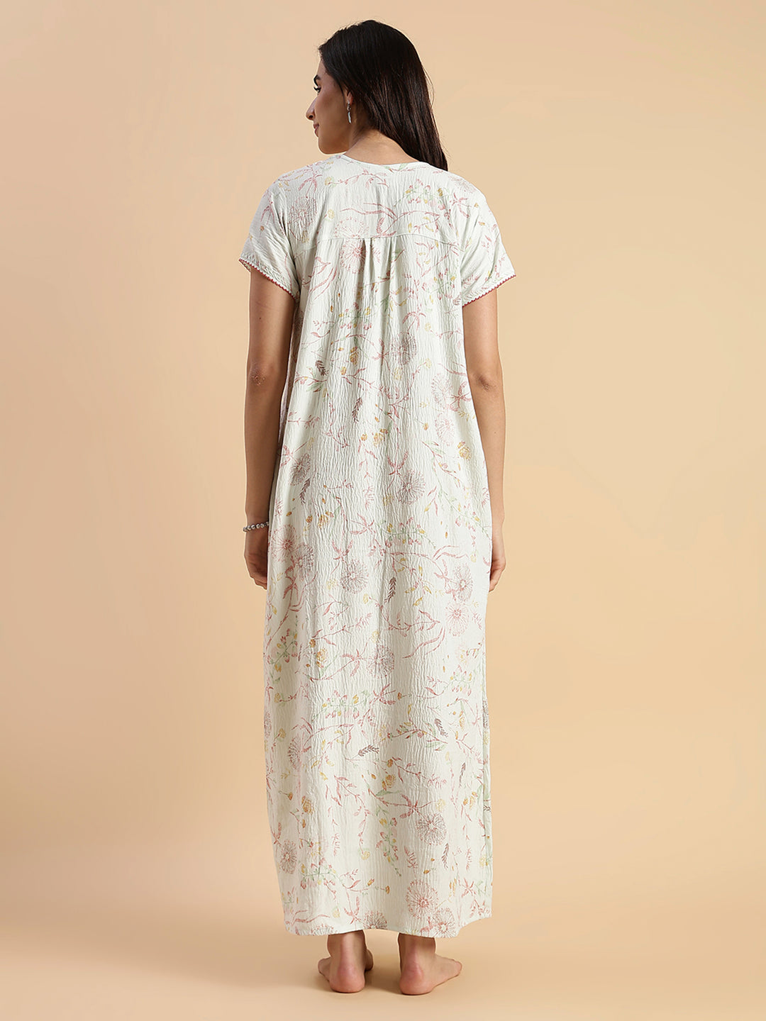 Premium Crush Cotton Pastel Green Floral Nighty with Lace Yoke