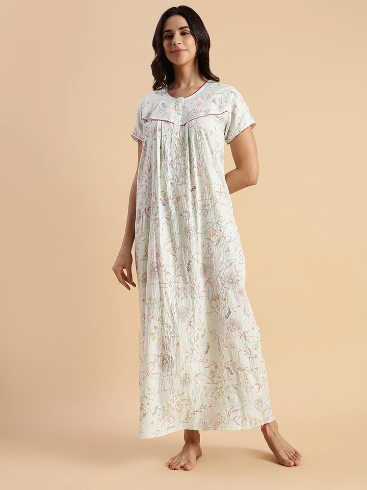 Premium Crush Cotton Pastel Green Floral Nighty with Lace Yoke