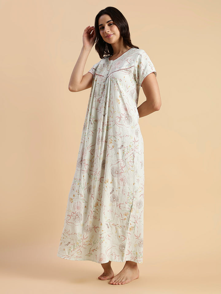 Premium Crush Cotton Pastel Green Floral Nighty with Lace Yoke