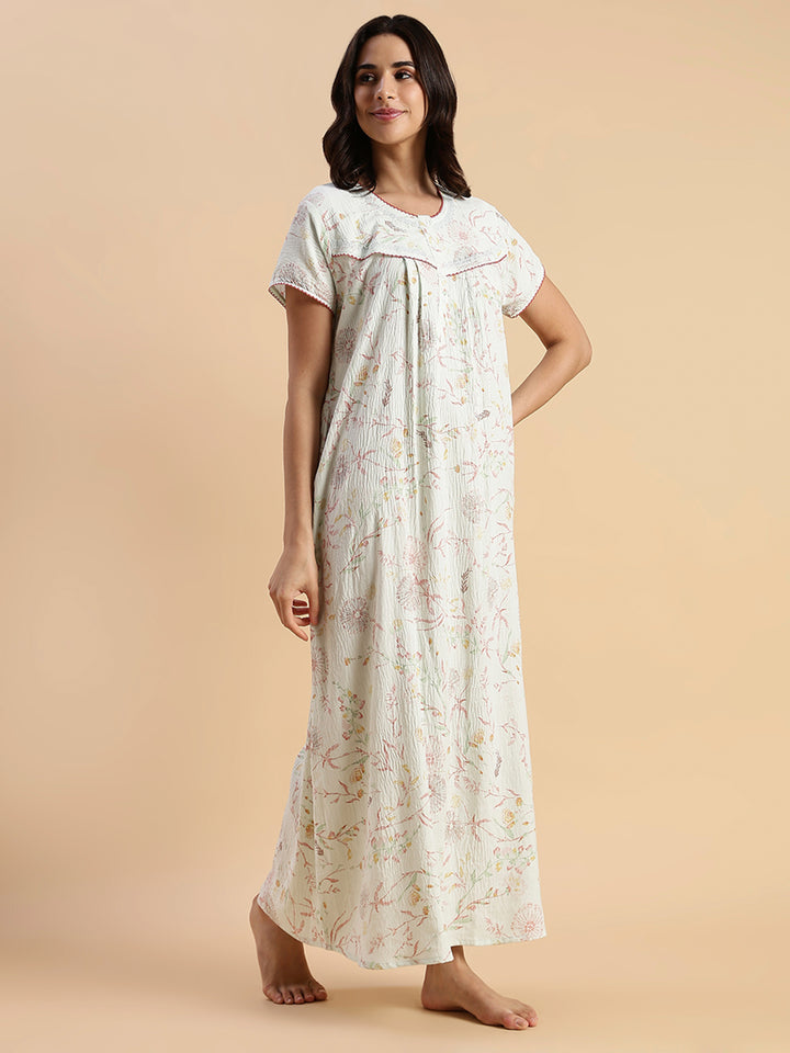 Premium Crush Cotton Pastel Green Floral Nighty with Lace Yoke