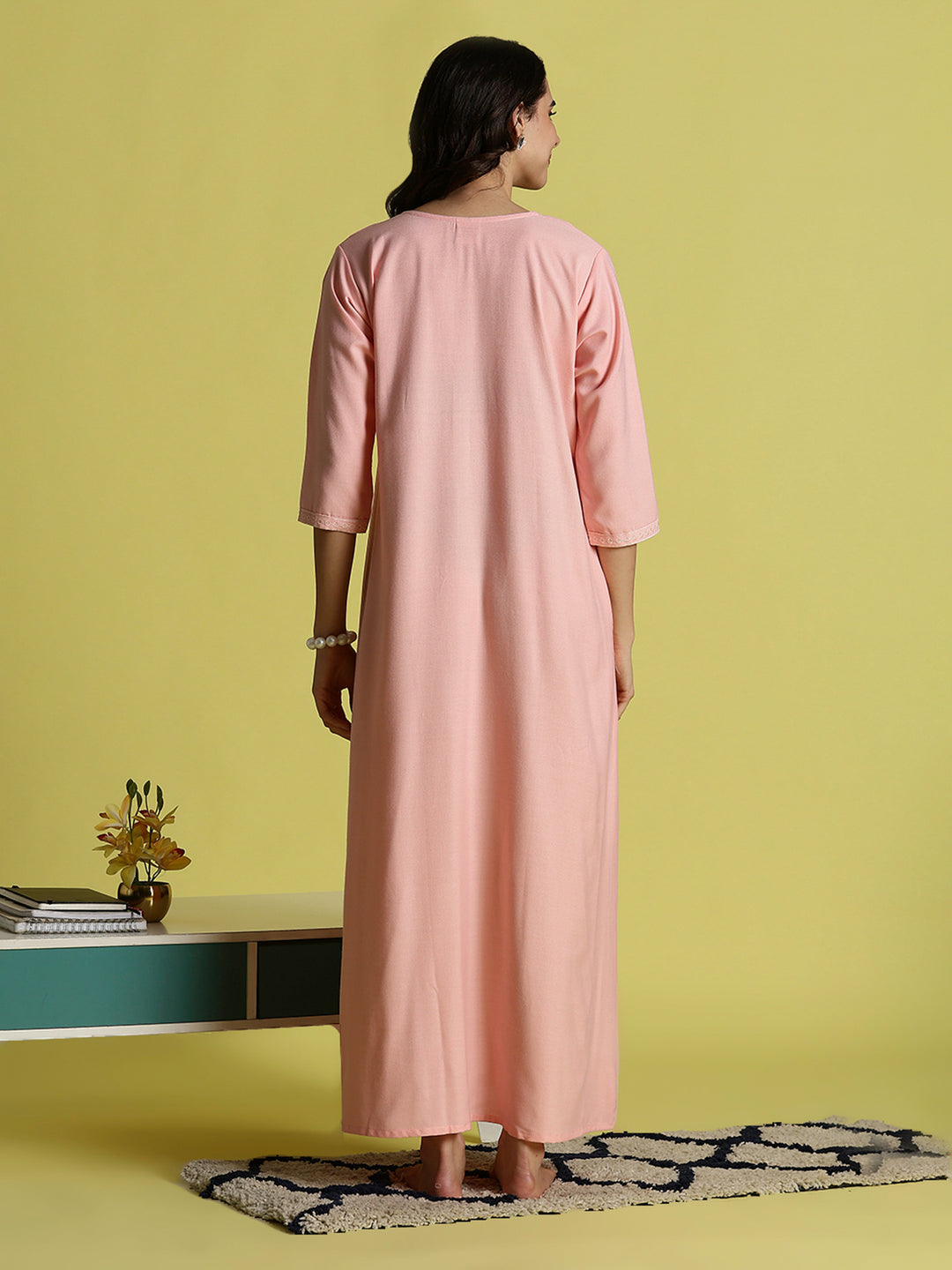 Peach Pink Alpine Embroidered Nighty for Women with Side Pocket